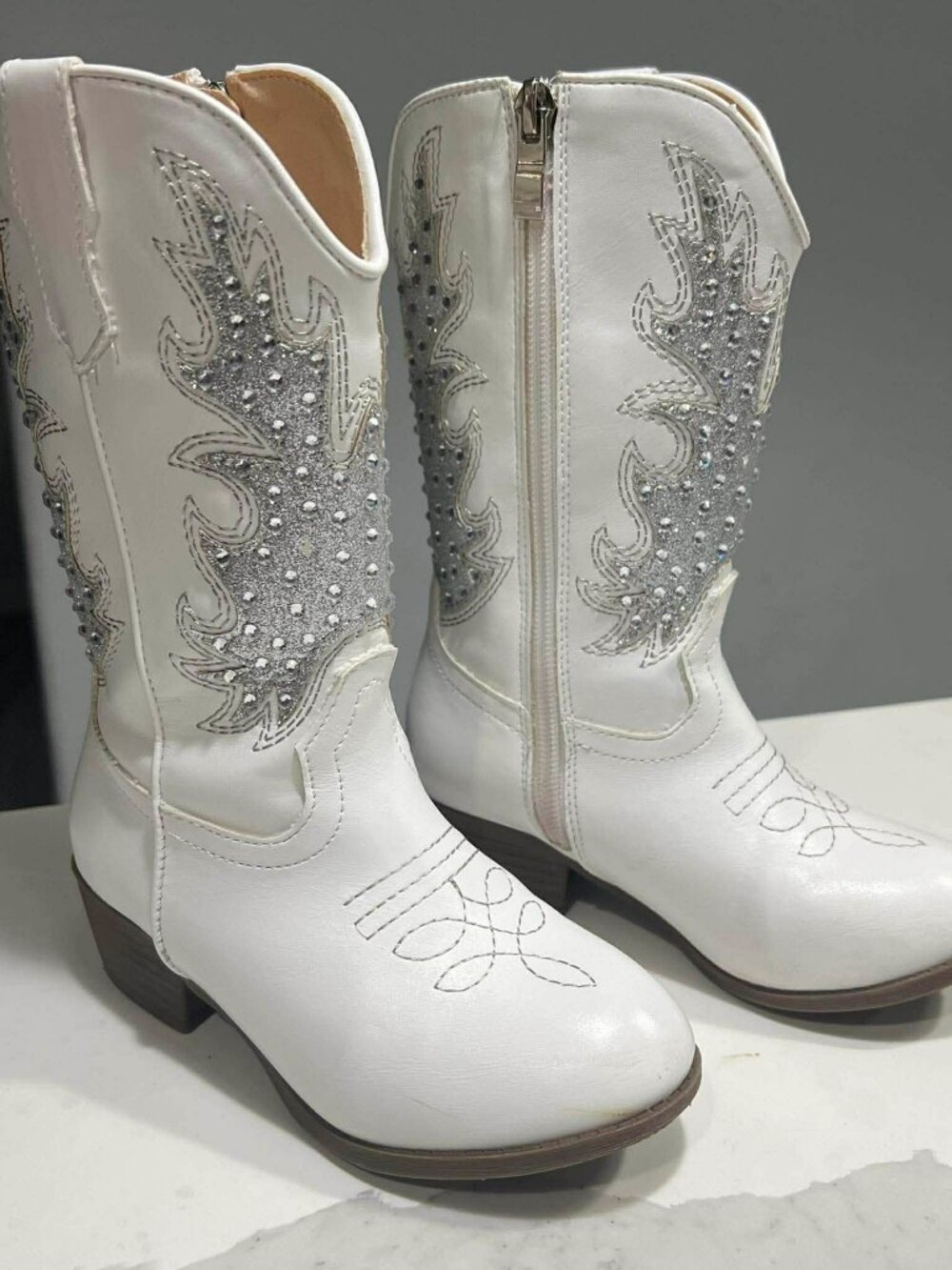 Girls Sparkly Rhinestone Cowboy Boots Side Zip Western White Size 11